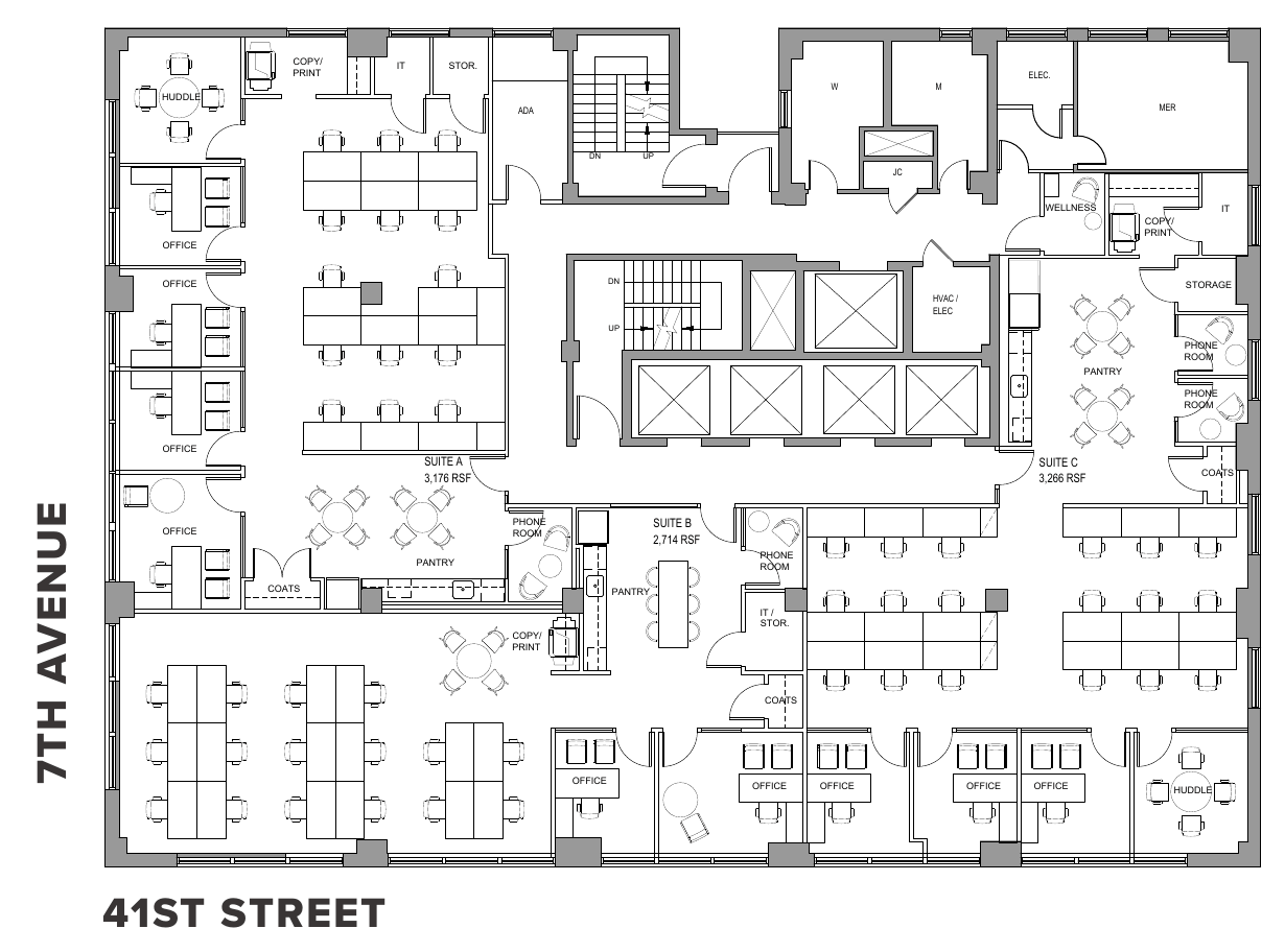 Floor plan of the partial 3rd floor, furnished layout