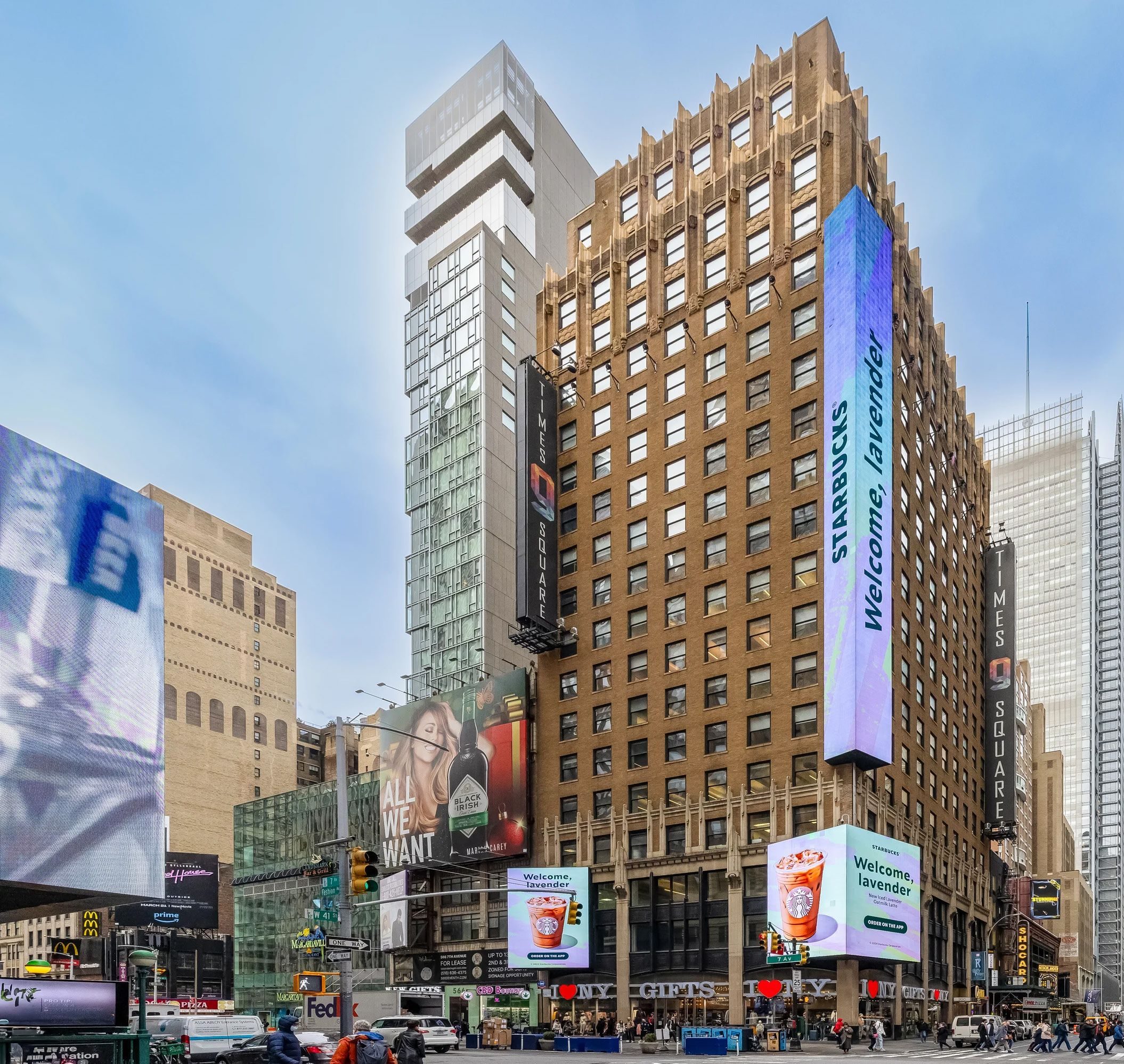 9 Times Square, a brick tower on the corner of Seventh Avenue and West 41st Street